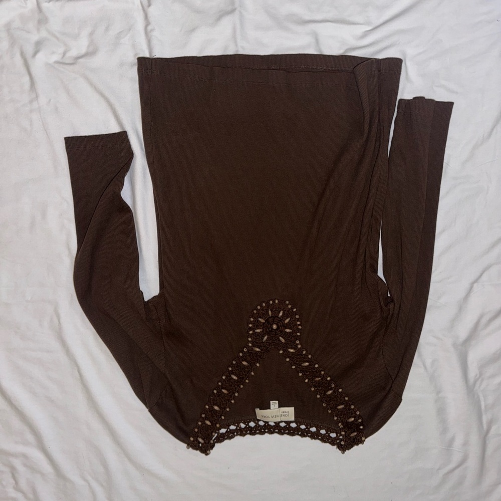 Jones New York Brown Crochet-Trim Knit Top